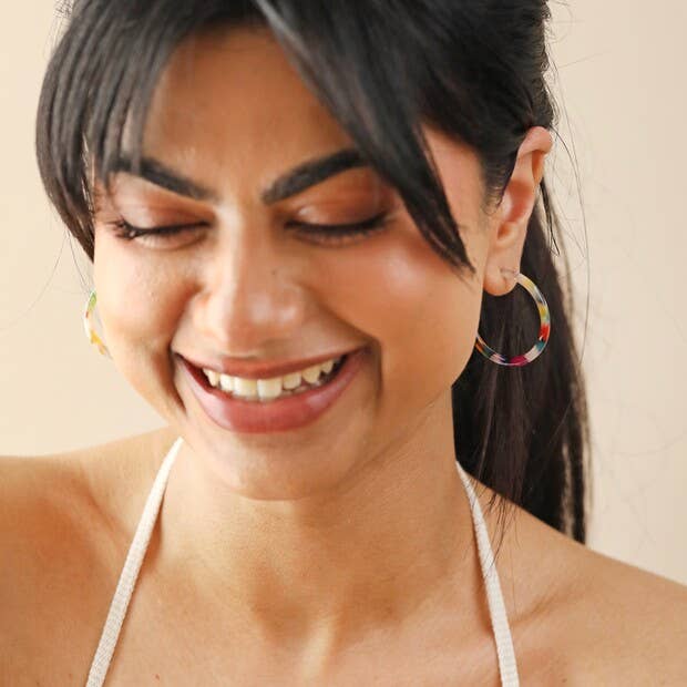 Earrings - Tortoiseshell Resin Hoop - Rainbow