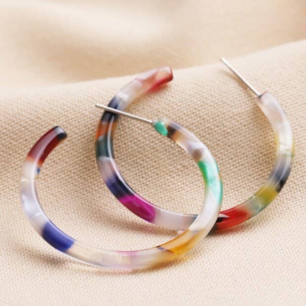 Earrings - Tortoiseshell Resin Hoop - Rainbow