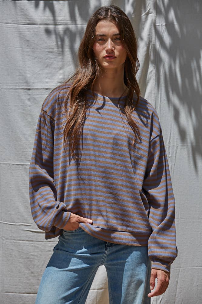 L8609 | Knit Striped Ribbed Crew Neck Long Sleeve: Olive Charcoal / M