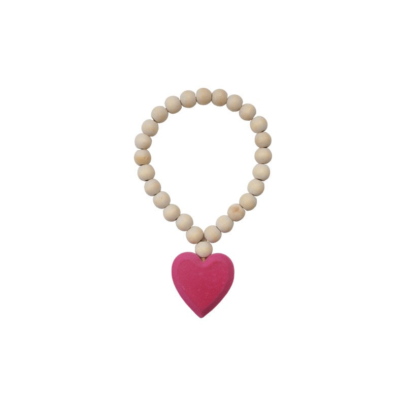 Wood Beads w/ Flocked Hear - Natural & Pink