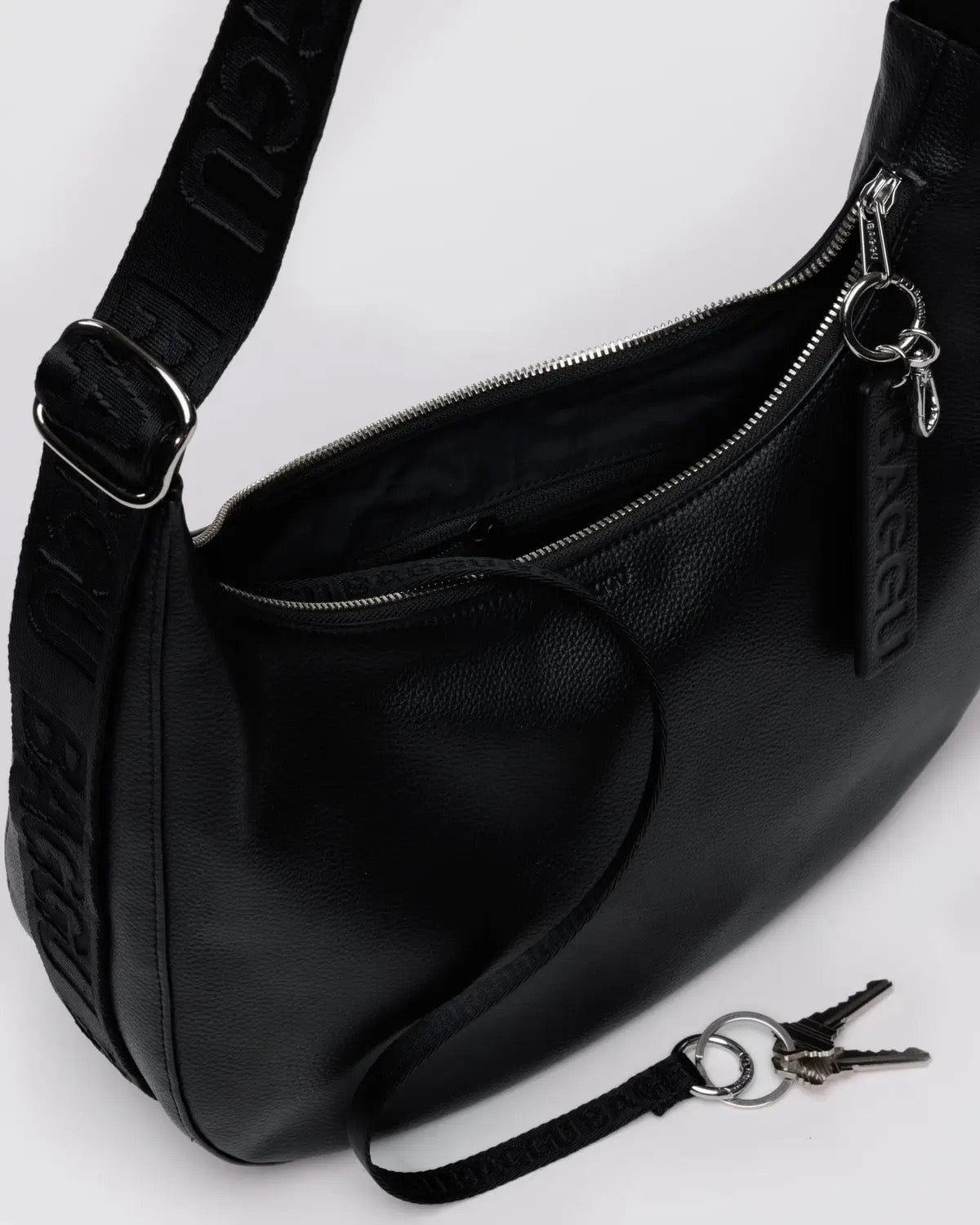 Leather Medium Crescent Bag - Black
