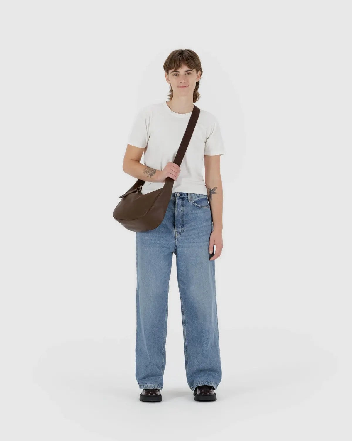 Leather Medium Crescent Bag - Brown