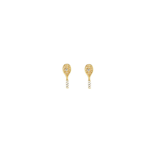 Earrings - Tennis Racket Crystal and Enamel Stud 18K Gold Vermeil  CZ Crystal "Ball"