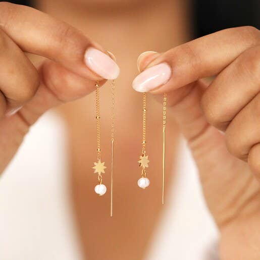 Earrings - Thread Through Star And Pearl Chain