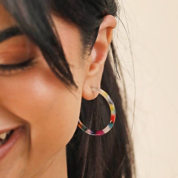Earrings - Tortoiseshell Resin Hoop - Rainbow