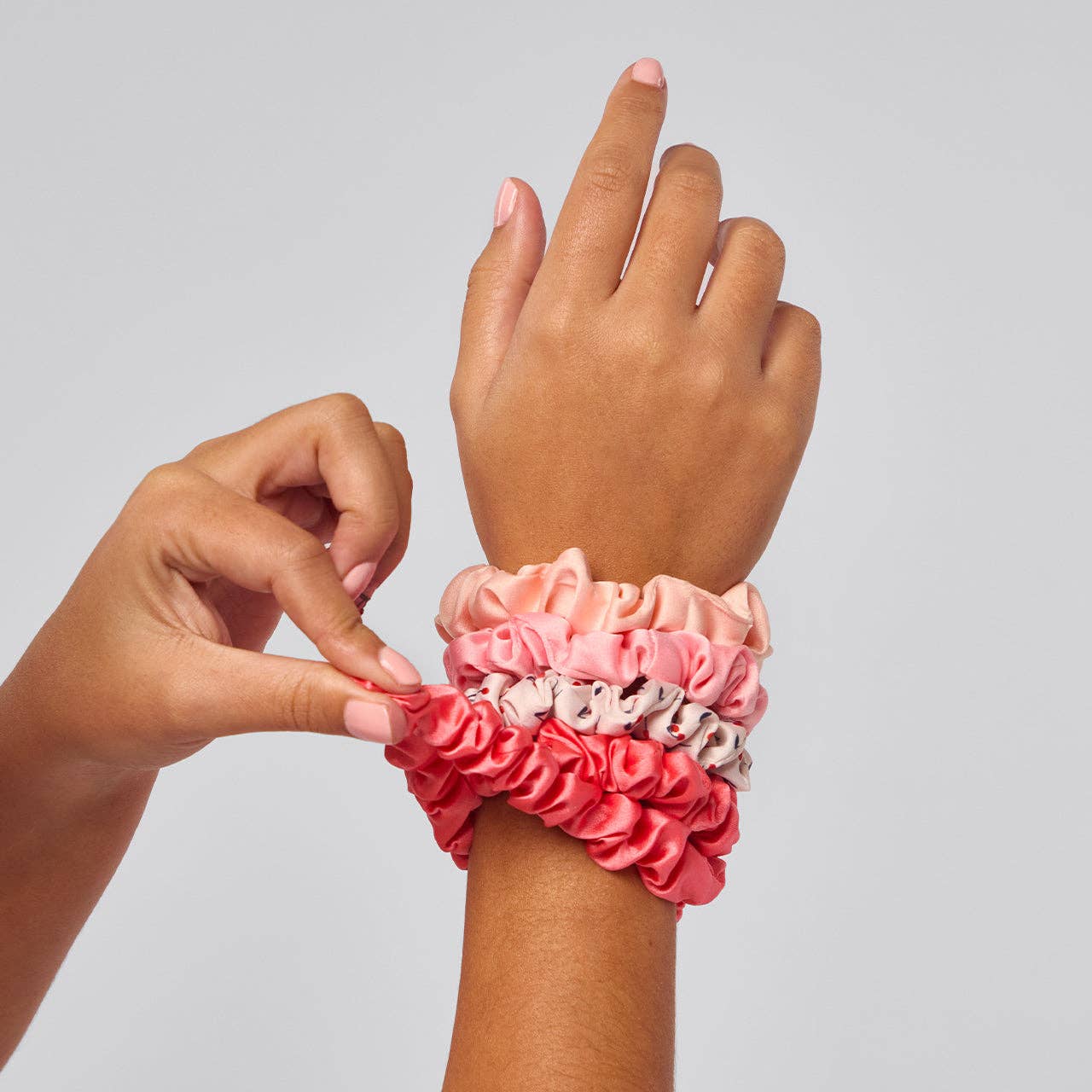 Satin Ruched Scrunchies 5pc Set - Assorted Cherry Blossom