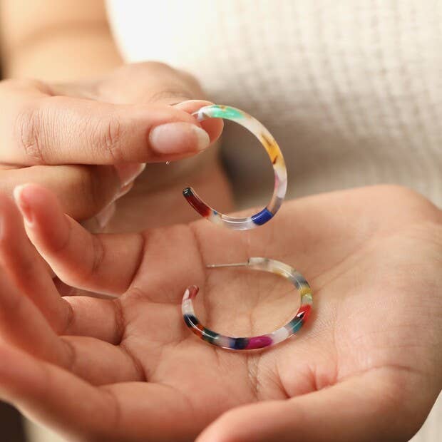 Earrings - Tortoiseshell Resin Hoop - Rainbow