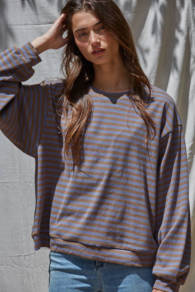 L8609 | Knit Striped Ribbed Crew Neck Long Sleeve: Lilac Peach / L