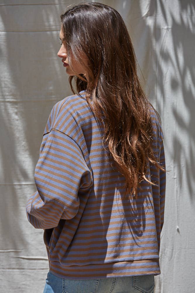 L8609 | Knit Striped Ribbed Crew Neck Long Sleeve: Lilac Peach / L
