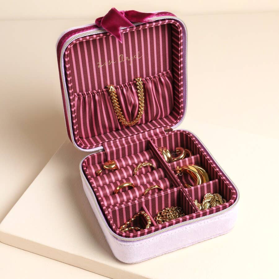Jewellery Case - Pink and Burgundy Velvet Bow Square