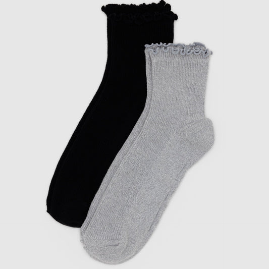 Lettuce Edge Sock Set of Two - HEATHER GREY & BLACK