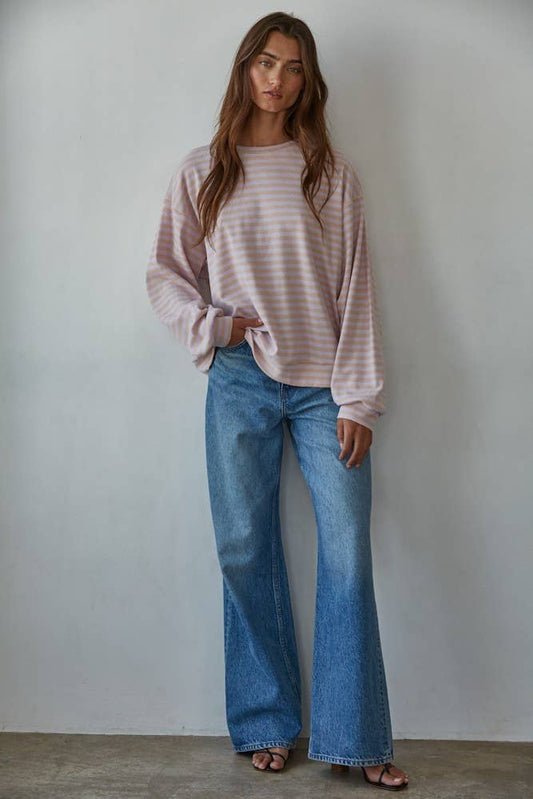 L8609 | Knit Striped Ribbed Crew Neck Long Sleeve: Lilac Peach / M