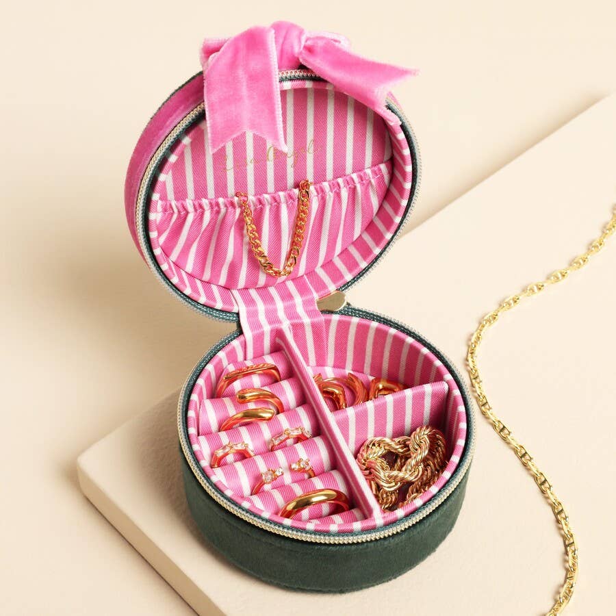 Jewelery Case - Green and Pink Velvet Bow Mini Round