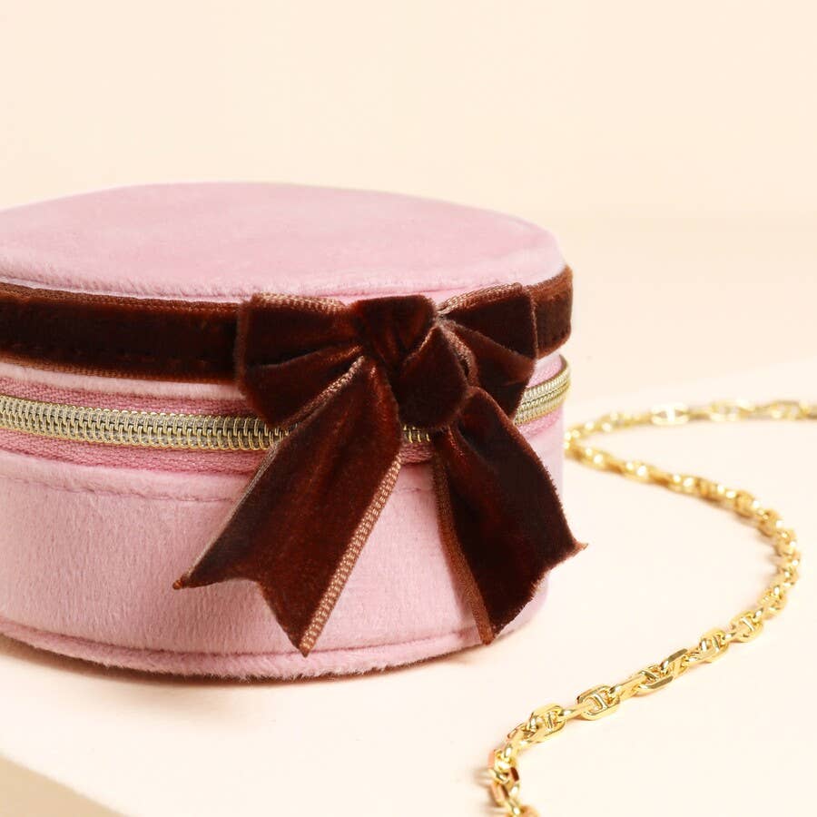 Jewellery Case -  Pink and Burgundy Velvet Bow Mini Round
