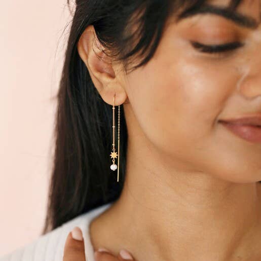 Earrings - Thread Through Star And Pearl Chain