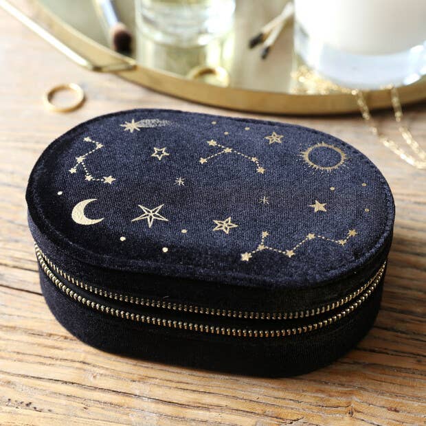 Jewellery Case - Starry Night Printed Velvet Oval in Black