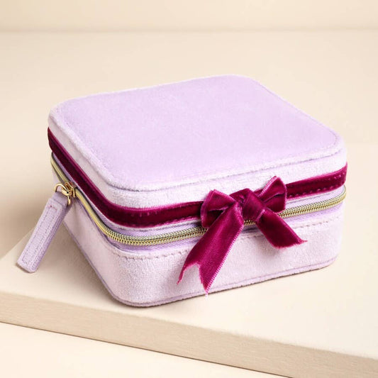 Jewellery Case - Pink and Burgundy Velvet Bow Square
