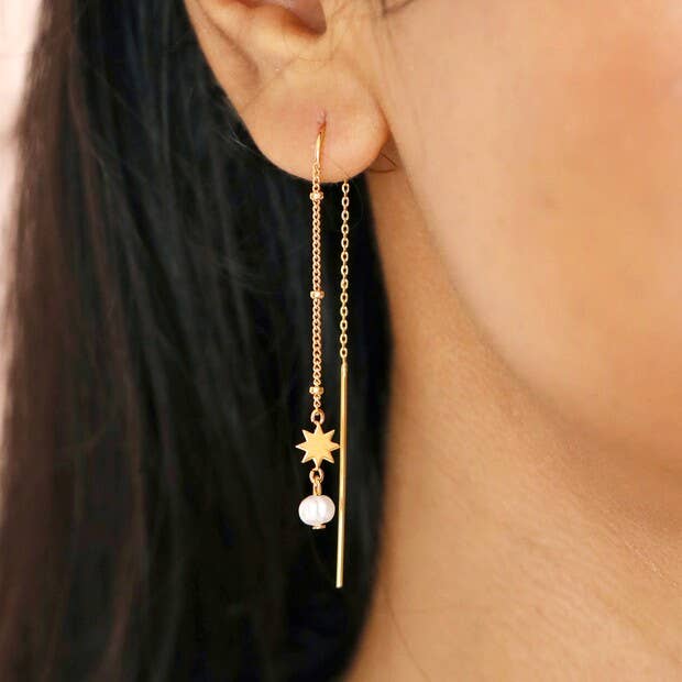 Earrings - Thread Through Star And Pearl Chain
