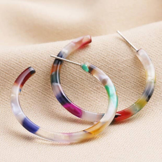 Earrings - Tortoiseshell Resin Hoop - Rainbow