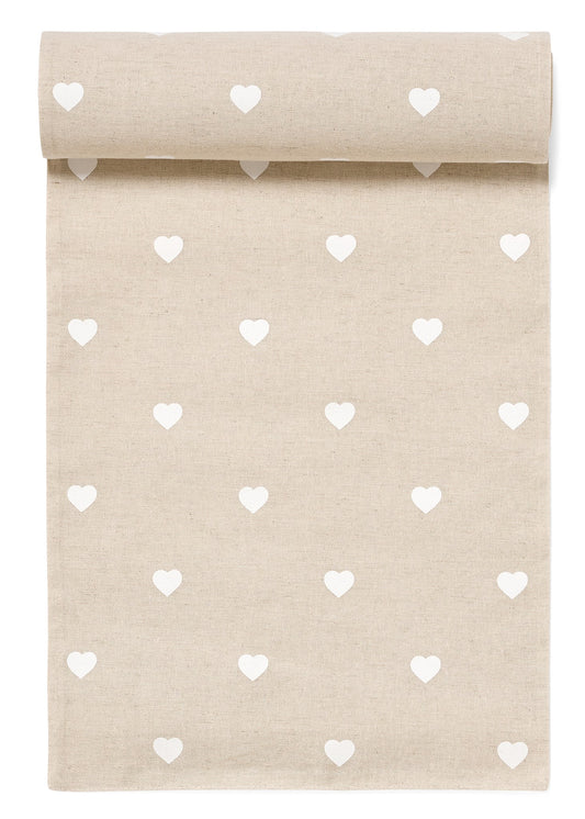 TABLE RUNNER COT-LINEN PRINT HEARTS