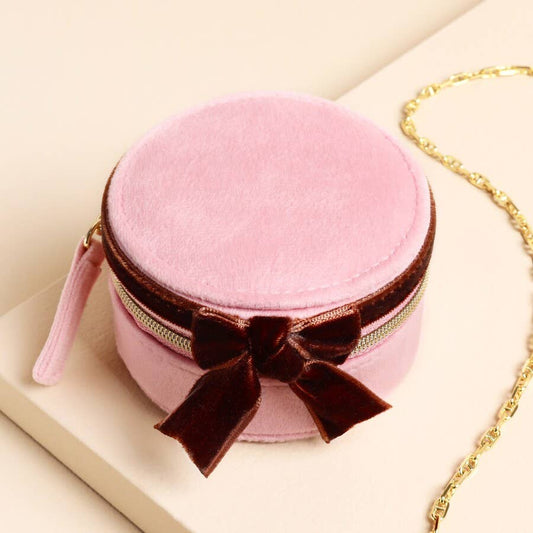 Jewellery Case -  Pink and Burgundy Velvet Bow Mini Round