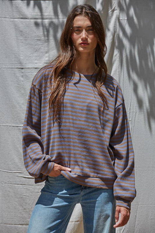L8609 | Knit Striped Ribbed Crew Neck Long Sleeve: Olive Charcoal / S