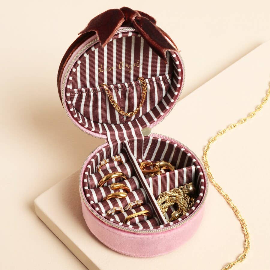 Jewellery Case -  Pink and Burgundy Velvet Bow Mini Round