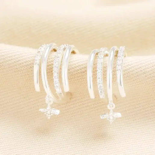 Earrings - Crystal Illusion Star Drop Hoop - Silver