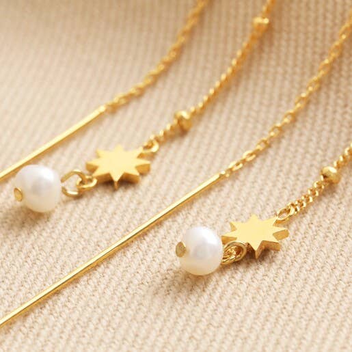 Earrings - Thread Through Star And Pearl Chain