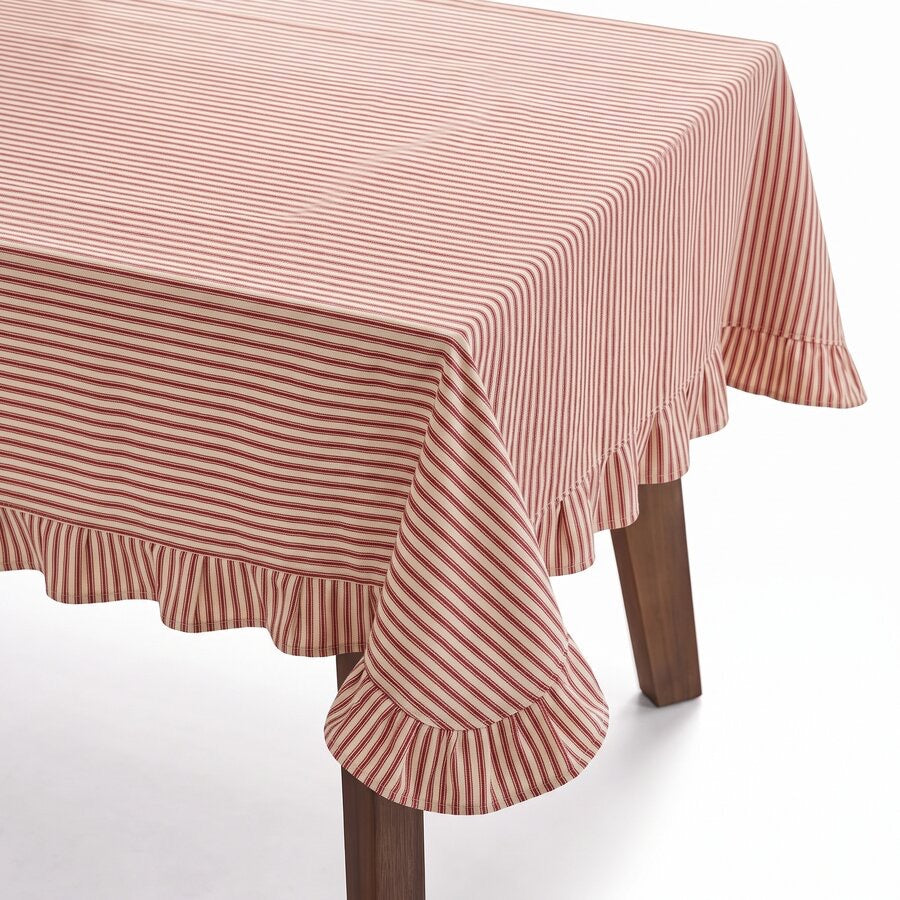 Red Ticking Ruffle Tablecloth - 110"L