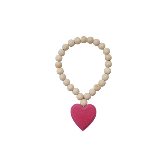 Wood Beads w/ Flocked Hear - Natural & Pink