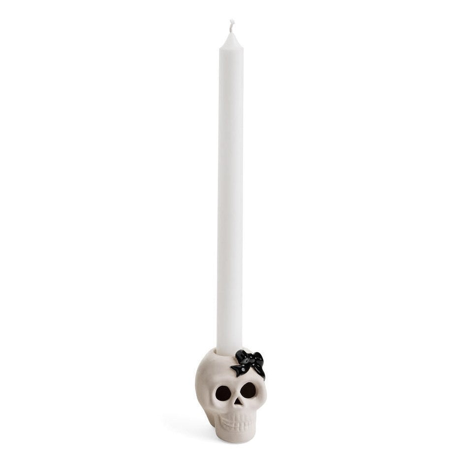 CANDLE HOLDER SKULL WITH BOW CERAMIC SAND-BLACK