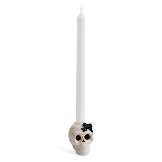 CANDLE HOLDER SKULL WITH BOW CERAMIC SAND-BLACK