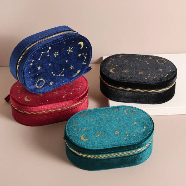Jewellery Case - Starry Night Printed Velvet Oval in Black