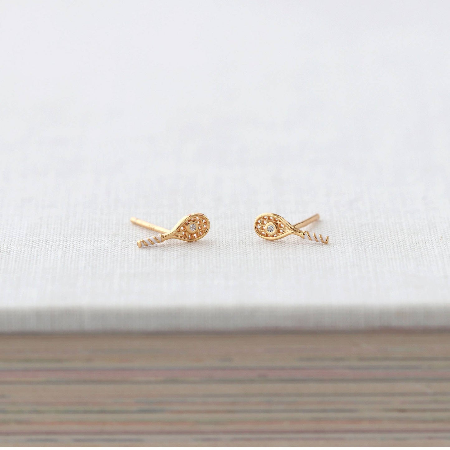 Earrings - Tennis Racket Crystal and Enamel Stud 18K Gold Vermeil  CZ Crystal "Ball"
