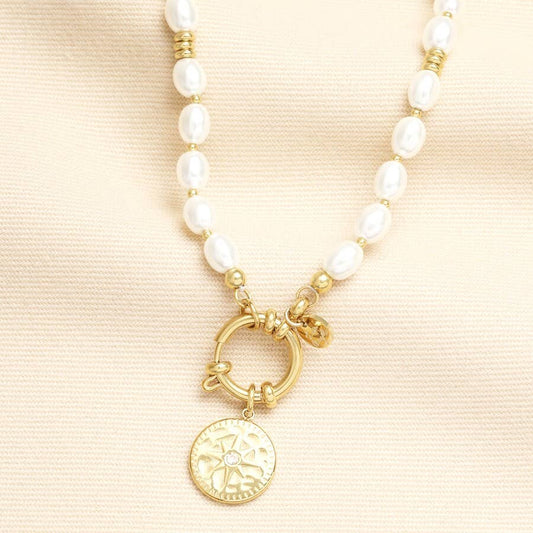 Sun Disc Pearl Lobster Clasp Necklace