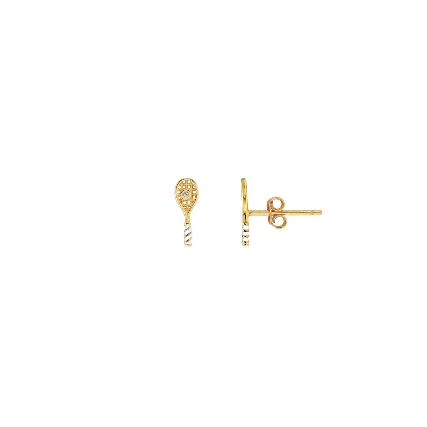 Earrings - Tennis Racket Crystal and Enamel Stud 18K Gold Vermeil  CZ Crystal "Ball"