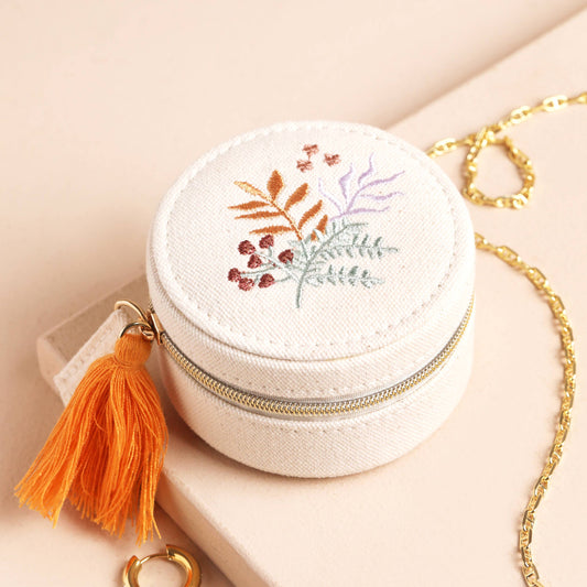 Jewellery Case - Embroidered Leaves Mini Round Linen Travel