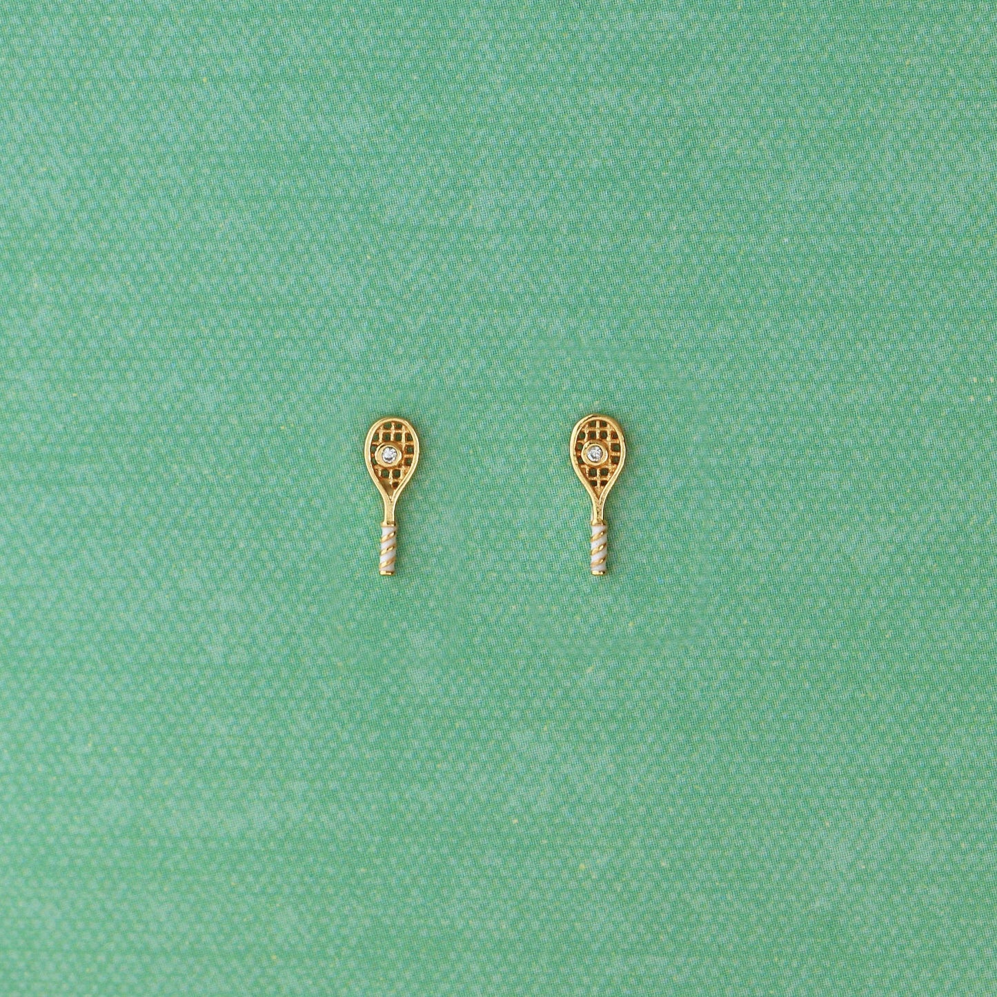 Earrings - Tennis Racket Crystal and Enamel Stud 18K Gold Vermeil  CZ Crystal "Ball"