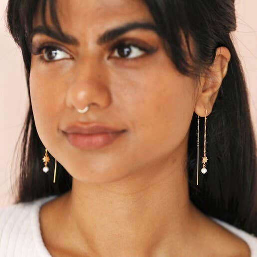 Earrings - Thread Through Star And Pearl Chain