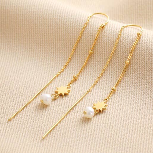 Earrings - Thread Through Star And Pearl Chain