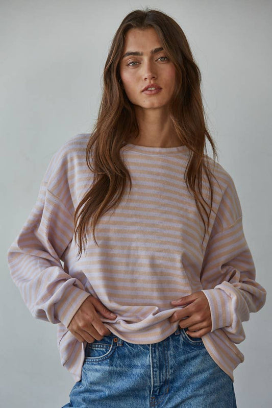 L8609 | Knit Striped Ribbed Crew Neck Long Sleeve: Lilac Peach / S