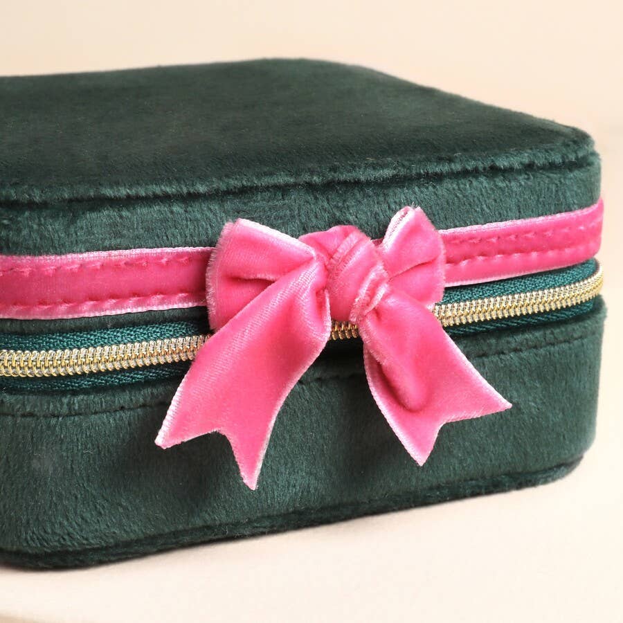Jewellery Case - Green and Pink Velvet Bow Square Travel