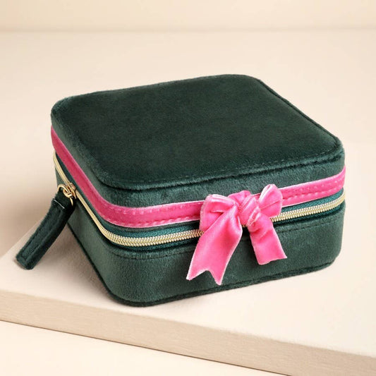Jewellery Case - Green and Pink Velvet Bow Square Travel