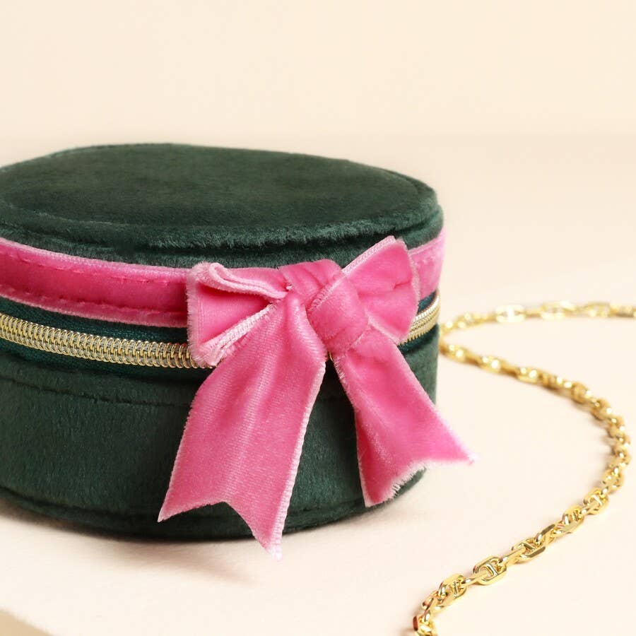Jewelery Case - Green and Pink Velvet Bow Mini Round