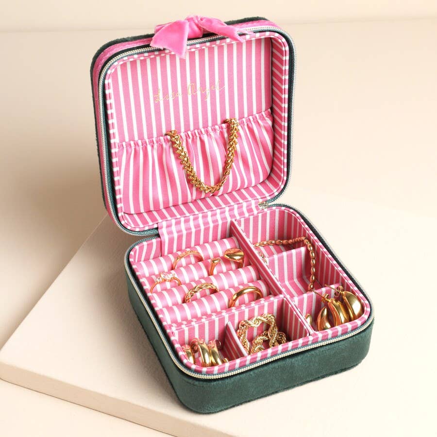 Jewellery Case - Green and Pink Velvet Bow Square Travel