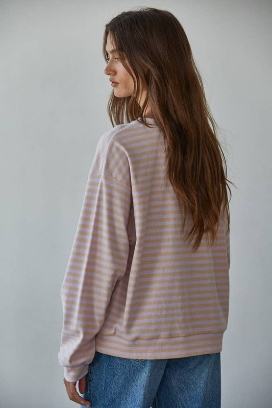 L8609 | Knit Striped Ribbed Crew Neck Long Sleeve: Lilac Peach / L