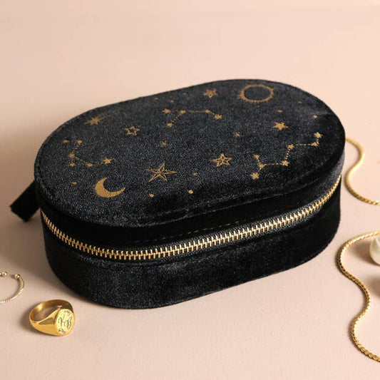 Jewellery Case - Starry Night Printed Velvet Oval in Black