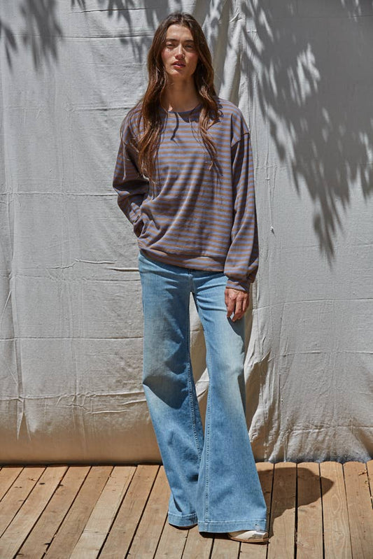 L8609 | Knit Striped Ribbed Crew Neck Long Sleeve: Olive Charcoal / M