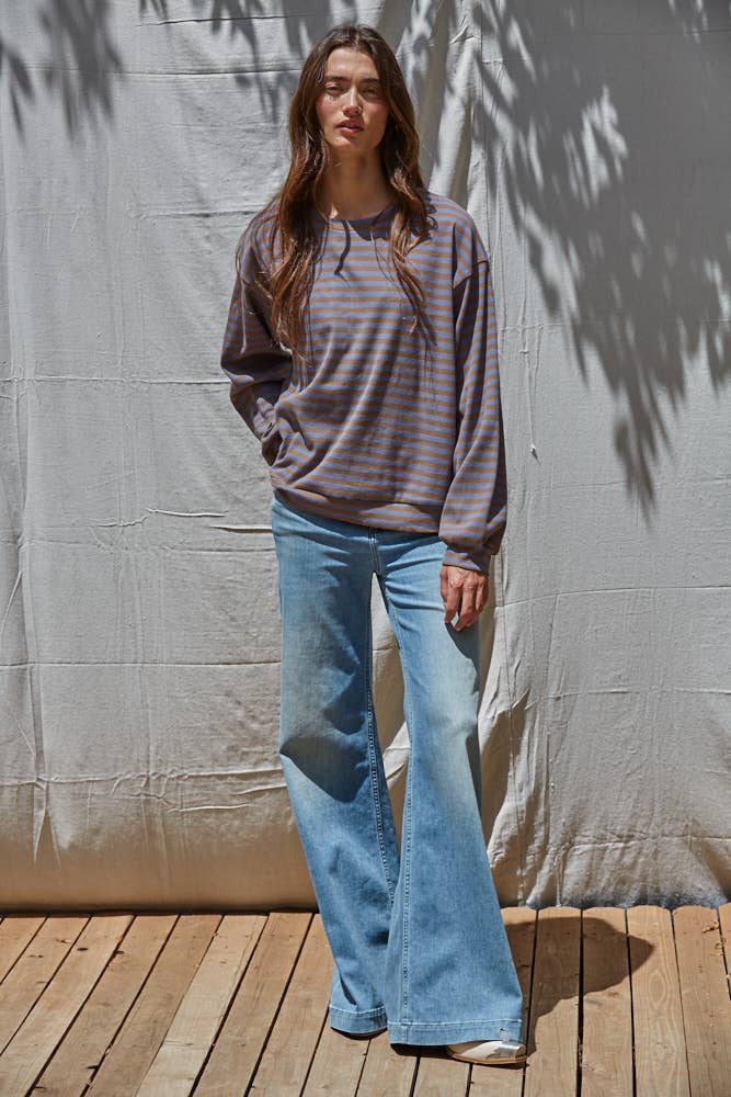 L8609 | Knit Striped Ribbed Crew Neck Long Sleeve: Lilac Peach / M